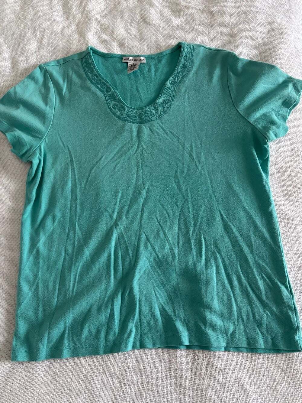 Rebecca Malone Women's Teal Short Sleeve V-Neck Tee with Embroidered Trim